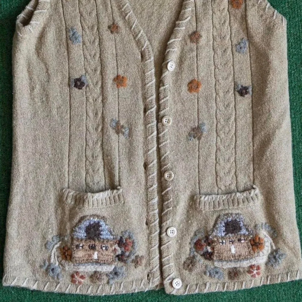 Vintage 80s 90s knit crochet beige vest button wool sweater